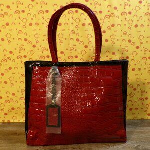 ELIZABETH ARDEN Red and Black Faux Crocodile Patent Leather Tote 16" x 13" x 4.5